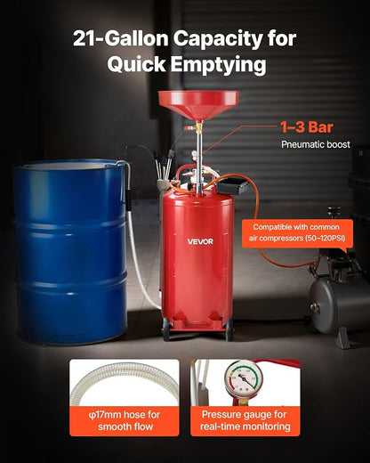 VEVOR 21 Gallon Waste Oil Drain Tank, Air Operated Portable Oil Drainer - Image 2