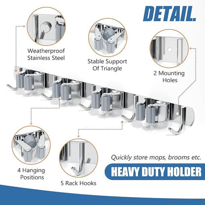 Wall Mounted Broom and Mop Organizer, Heavy Duty Stainless Steel Storage Rack - Image 4