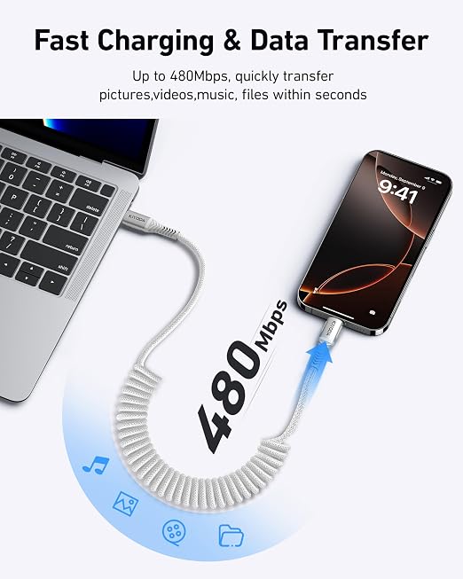 Coiled USB C to C Cable for Car 3ft, Samsung Galaxy, Google Pixel, TCL - Image 5