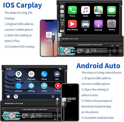 Hikity Carplay Single Din Car Stereo, 7 Inch Flip Out Touch Screen Car Radio - Image 2