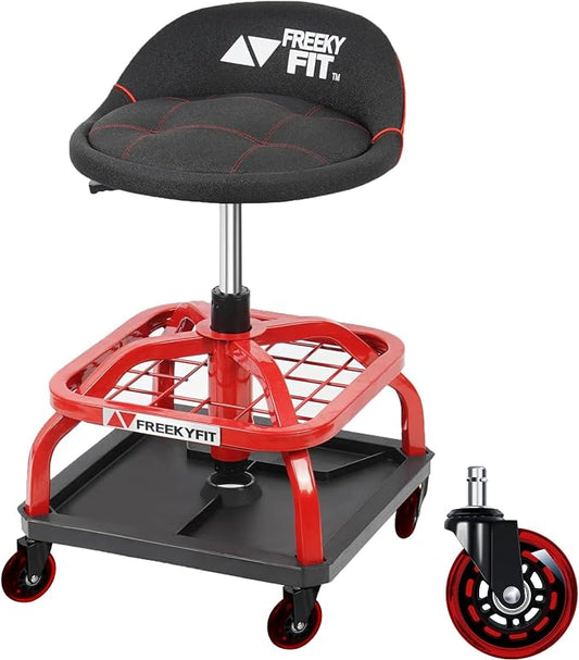 Rolling Stool with Red Wheels, Heavy Duty Garage Work Mechanic Rolling Shop by FreekyFit