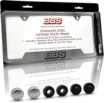 BBS Official Brushed Chrome Stainless Steel License Plate Frame – Made in USA – by MegaRacer