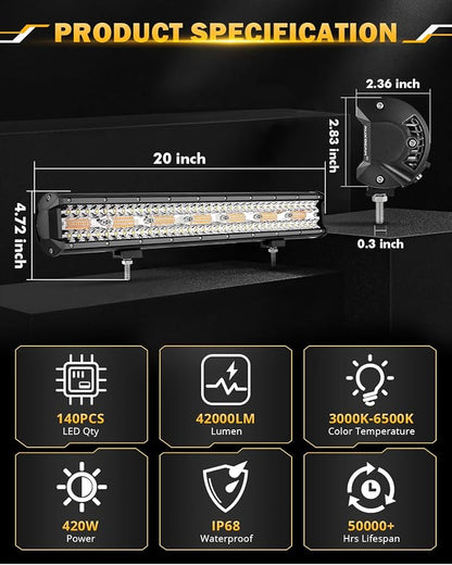 Auxbeam 20 Inch 420W LED Light Bar, 6 Modes Strobe Amber Pod Lights Yellow Fog - Image 4