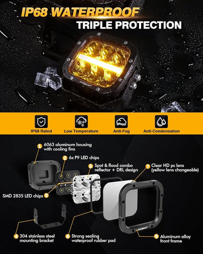 Auxbeam XP-Ultra Series 5 Inch Cube Offroad Lights, Amber DRL Function - Image 5