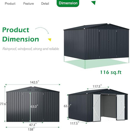 AECOJOY 12' x 10' Outdoor Storage Shed, Dark Grey Large 10x12 Sheds & Outdoor - Image 7