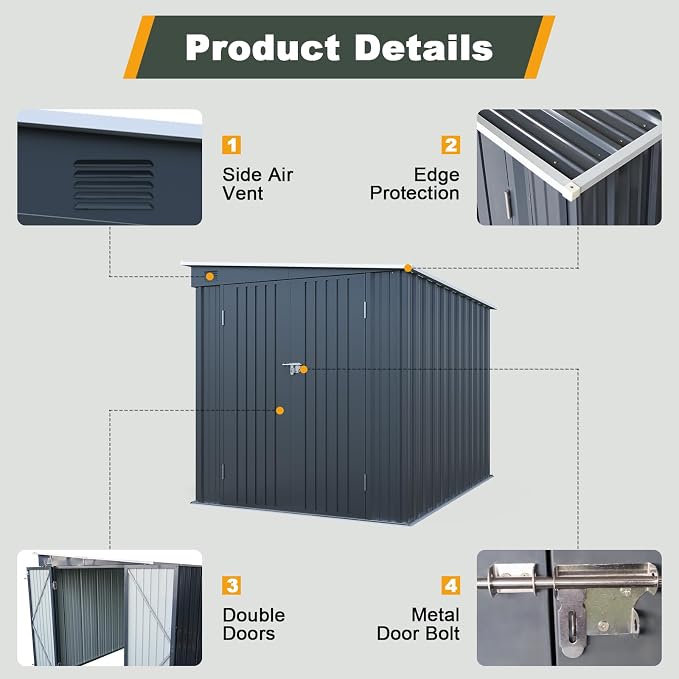 6x8 FT Lean to Shed with Lockable Double Doors, Metal Outdoor Storage Shed with - Image 5