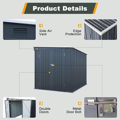 6x8 FT Lean to Shed with Lockable Double Doors, Metal Outdoor Storage Shed with - Image 5