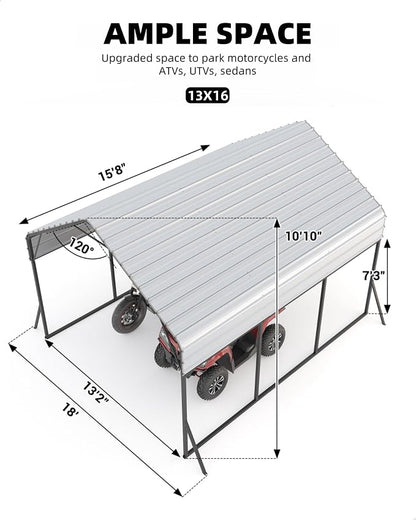 13'x16'x11' Metal Carport, Steel Heavy Duty Car Ports - Image 7