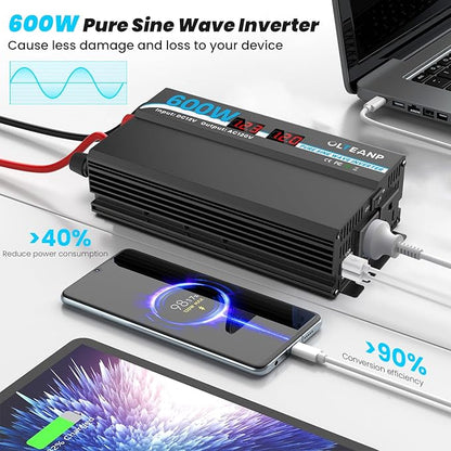 600W Power Inverter Pure Sine Wave Inverter 12V DC to 120V AC Converter - Image 2