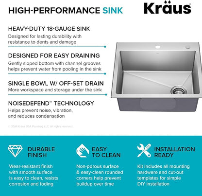 KRAUS Fairlane 25-inch Drop In/Top Mount Single Bowl 18-Gauge Stainless Steel - Image 6