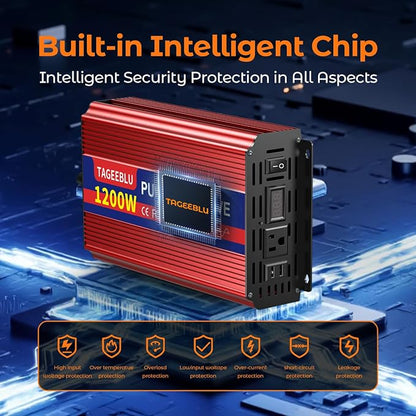 1200W Pure Sine Wave Inverter, 12V DC to 110V/120V AC Power Inverter - Image 4