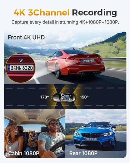 GKU 4K 3 Channel Dash Cam, 5.8GHz WiFi Built-in GPS, 4K+1080P+1080P Dash Cam - Image 2
