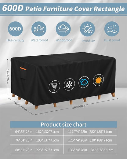 Outdoor Waterproof Furniture Cover, 111W x 74L x 28H inches Heavy Duty 600D - Image 3