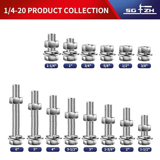 1/4-20 x 6" Hex Head Screw Bolt, Flat & Lock Washers, Fully Threaded, by SG TZH - Image 3