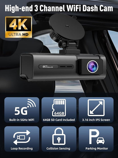 3 Channel 5G WiFi Dash Cam, 4K+1080P+1080P Dash Cam Front and Rear Inside - Image 2