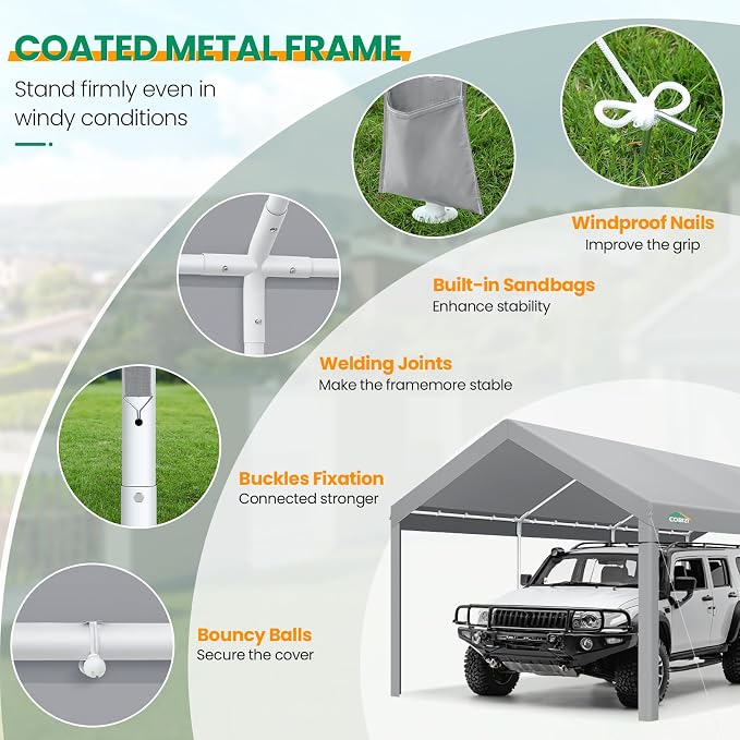 COBIZI Carports 10x20 Heavy Duty Car Tent Garage, Galvanized Frame Car Canopy - Image 3
