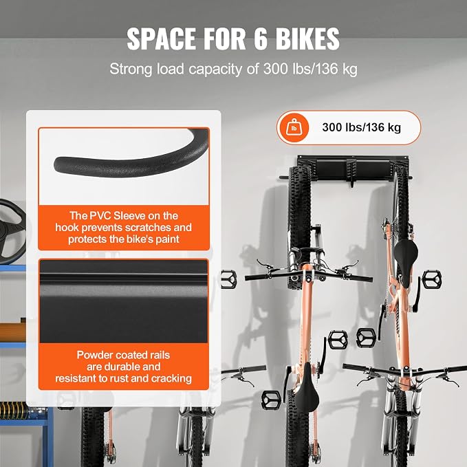 VEVOR Bike Storage Rack, 6 Bike Racks and 6 Helmets Hooks, Wall Mount Bike - Image 3