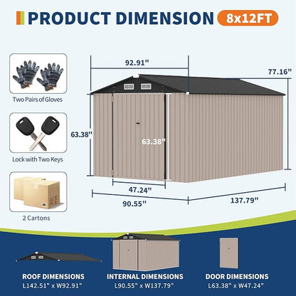 8x12 FT Metal Storage Sheds Outdoor, Metal Yard Sheds Garden Shed Kit, Metals - Image 2