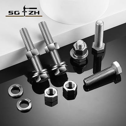 3/8-16 x 2" Hex Head Screw Bolt, Flat & Lock Washers, Fully Threaded, by SG TZH - Image 7