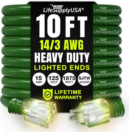 10ft Outdoor/Indoor Extension Cord 14/3 Gauge Heavy Duty 3 Prong SJTW, by LifeSupplyUSA