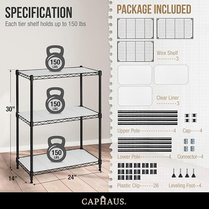 CAPHAUS NSF Black Adjustable 3-Tier Shelf Wire Shelving Unit w/Liner, Garage & - Image 3