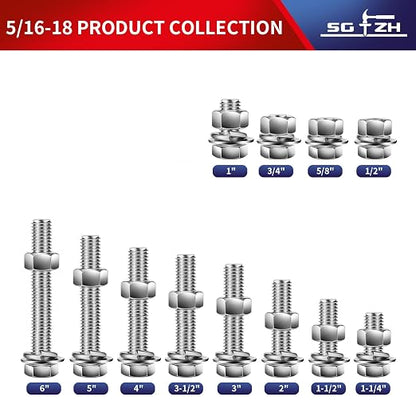 5/16-18 x 3/4" Hex Head Screw Bolt, Flat & Lock Washers, Fully Threaded - Image 3