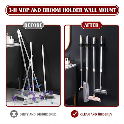 3-H Stainless Steel Broom Holder Wall Mount 15-Pack- Heavy Duty Mop Organizer - Image 3