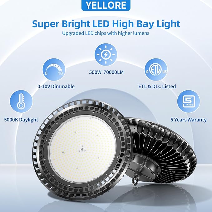 3 Pack 500W LED High Bay Light 72, 500LM DLC ETL Listed Industrial Grade UFO - Image 2