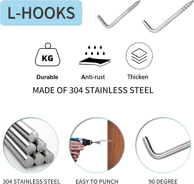 304 Stainless Steel 2 in Screw-in Hooks 20 Pcs, 7 Shape Screw Hooks, Right - Image 4
