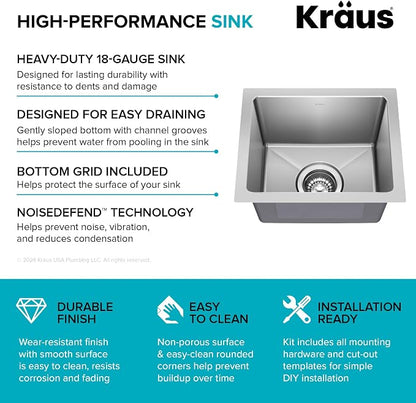 KRAUS Fairlane 15-inch Undermount Single Bowl 18-Gauge Stainless Steel Kitchen - Image 4