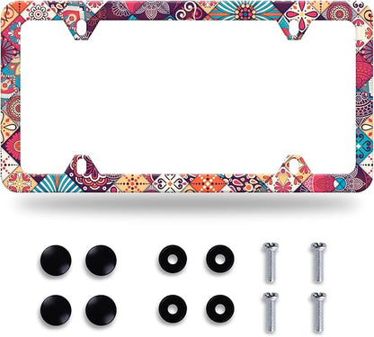 Stitching Tile Boho Pattern License Plate Frame Stainless Steel Parts Colorful by GORSNKYE