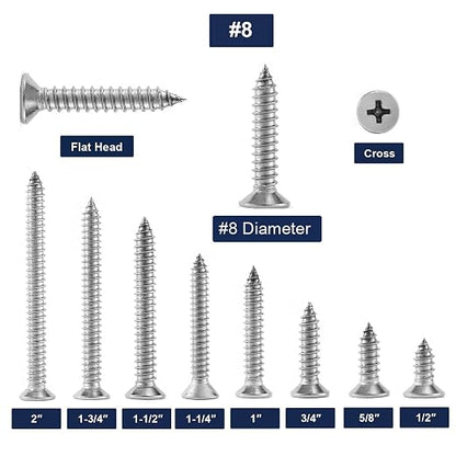 #8 x 1-1/4" Wood Screw 100Pcs 18-8 Stainless Steel Screws Flat Head Phillips - Image 3