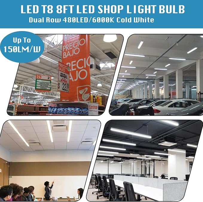 12 Pack, 100W 8ft Led Bulbs, 100lm 6000k 8' Led Bulbs, V Shaped Clear Cover T8 - Image 5