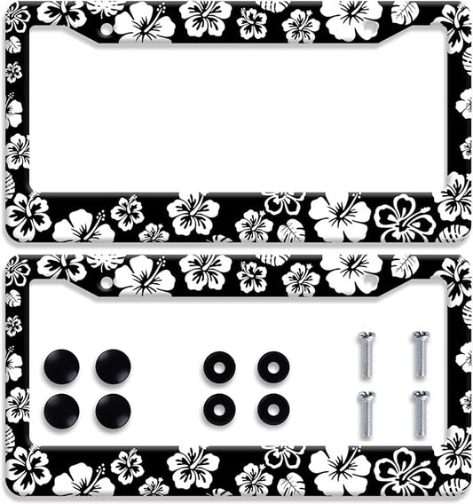 【2Pcs】 White Hibiscus Hawaii License Plate Frames Round Hole Personalise by Omw2fyb