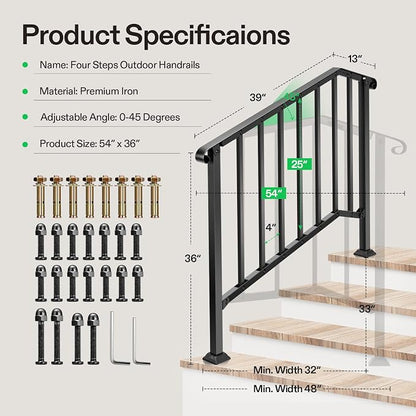 VIVOSUN Outdoor Handrail, 4 Step Stair Handrail, Wrought Mattle Iron Stair - Image 2