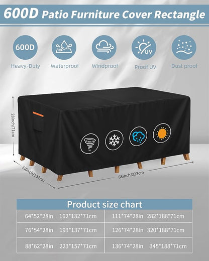 Outdoor Waterproof Furniture Cover, 88W x 62L x 28H inches Heavy Duty 600D - Image 3