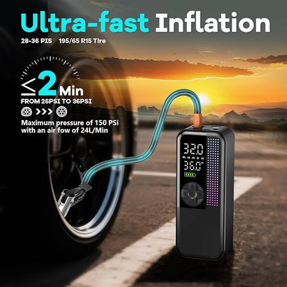 Tire Inflator Portable Air Compressor, 150 PSI Cordless Air Pump, Dual Power - Image 3