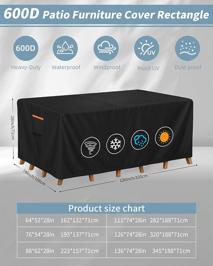 Outdoor Waterproof Furniture Cover, 126W x 74L x 28H inches Heavy Duty 600D - Image 3