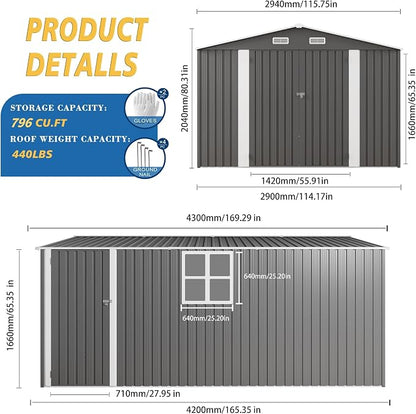 10x14x6.7FT Outdoor Storage Shed, Galvanized Steel Garden Shed - Image 7