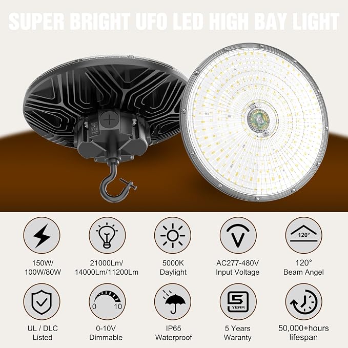 6 Pack 480V LED High Bay Light UL DLC Listed UFO Light 150W 100W 80W Adjustable - Image 2