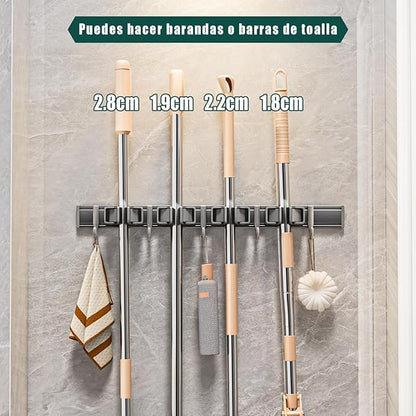 Broom Holder Wall Mount Movable Hooks and Clips Mop and Broom Hanger Wall - Image 2