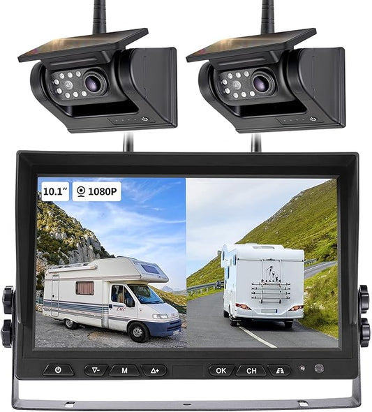 10.1" - 2 Magnetic Solar Wireless Backup Camera, HD 1080P DVR Monitor, Dual RV by WOOCARTY