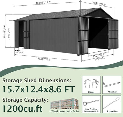 Domi 12’x15’ Outdoor Metal Garage Shed, Weatherproof Enclosed Carport - Image 2