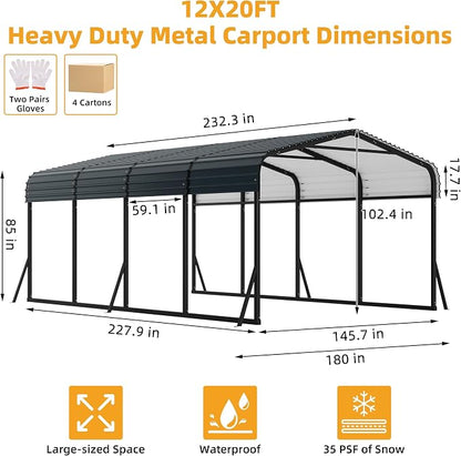 12 x 20 FT Metal Carport with Galvanized Steel Roof, Heavy Duty Metal Roof - Image 2