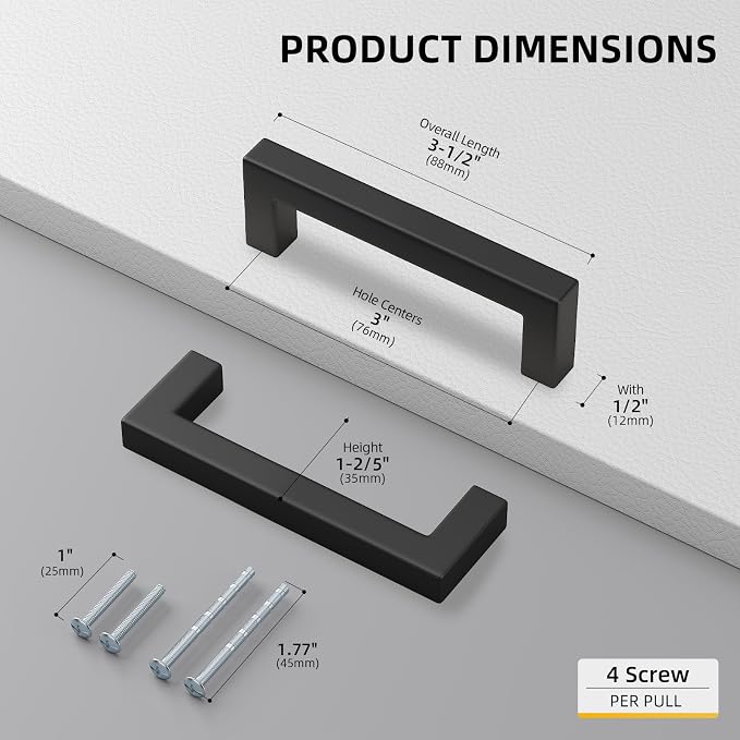 Goldenwarm 1 Pack Black Square Bar Cabinet Pull Drawer Handle Stainless Steel - Image 2
