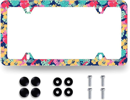 Tropical Hibiscus Flower License Plate Frame Colorful Floral Leaves License by MUAWUOIK