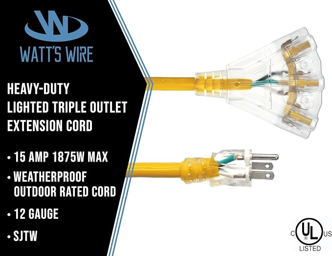 3 Pack - 2 ft - 12 Gauge Heavy Duty Extension Cord - 3 Outlet Lighted SJTW - - Image 2