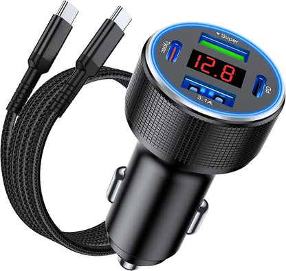 USB C Car Charger Fast Charging USB C Cable, 78W 4 Port iPhone 16 15 Car by AGEK