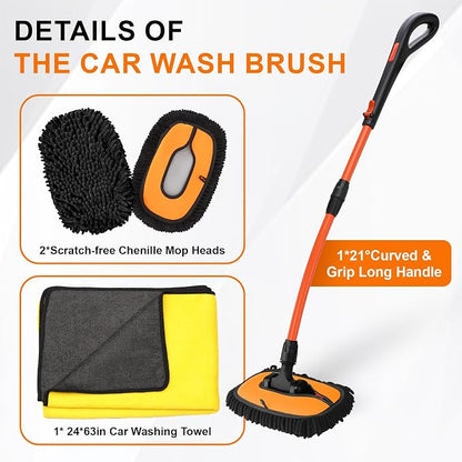 Car Wash Brush with Long Handle, 2 Replaceable Microfiber Mop Heads and 1 - Image 4