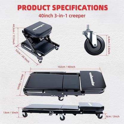 Mechanic Creeper 40inches 3-in-1 Z Seat 480lbs Capacity, Foldable Garage Chair - Image 3